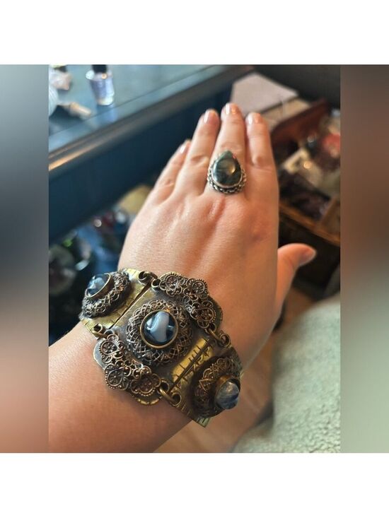 Jewelry - c.1930’s Art Deco Brass Filigree + Hand-Marbled Czech Glass Bracelet • Rare